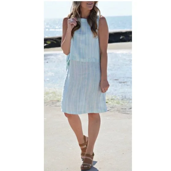chinese dress ladies J.Jill Pure Jill Blue White 100% Linen Sleeveless Wrap Shift Tunic Dre –  Brie main image 1